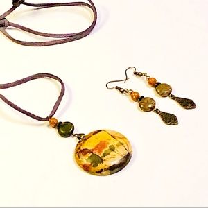 ABSTRACT EXPRESSIONIST Picasso Jasper Stone Necklace & Matching Bronze Earrings